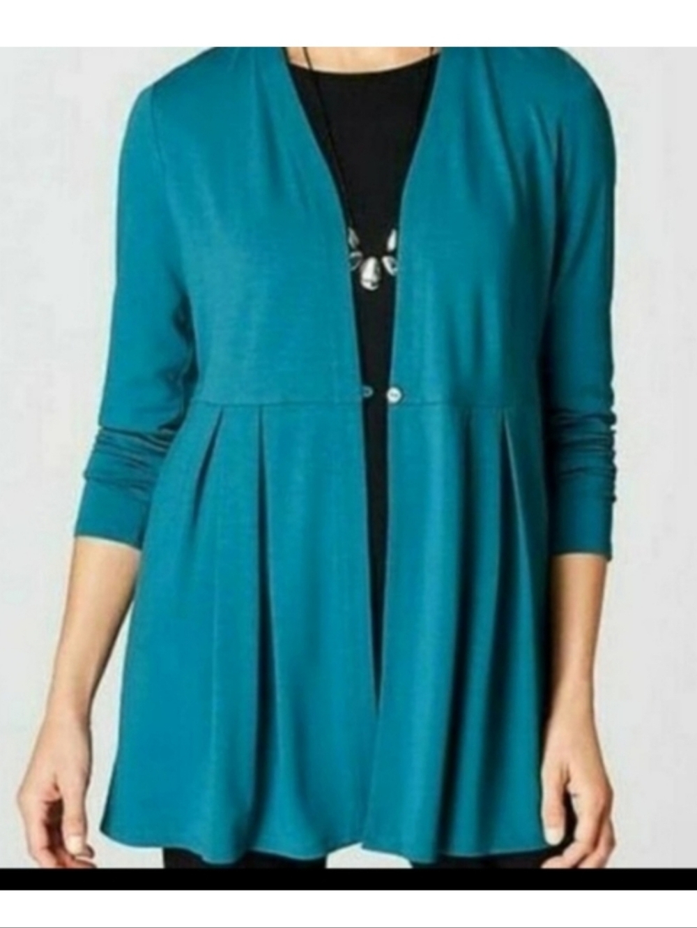 J Jill Wearever XL Jacket Cardigan Teal Pleated Pockets Travel pockets